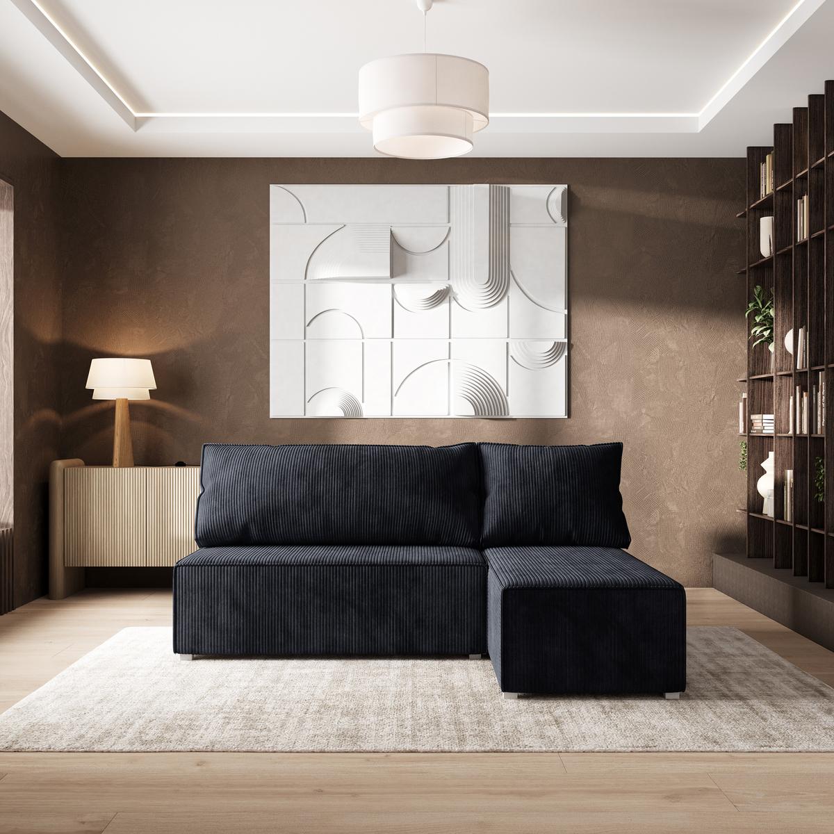 ECKSOFA BRISO P Schwarz Kordstoff mit Schlaffunktion - Schwarz/Grau, Holz/Kunststoff (200/140cm) - MASSENO