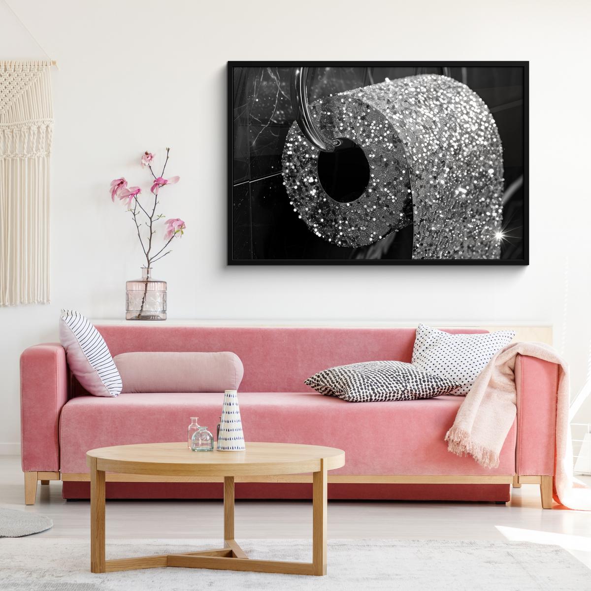 POSTER MIT RAHMENGERAHMTES BILD WC - Toilettenpapier - Schwarz und weiß - Glitter 120x80 cm - Silberfarben, Papier (120/80cm) - MuchoWow