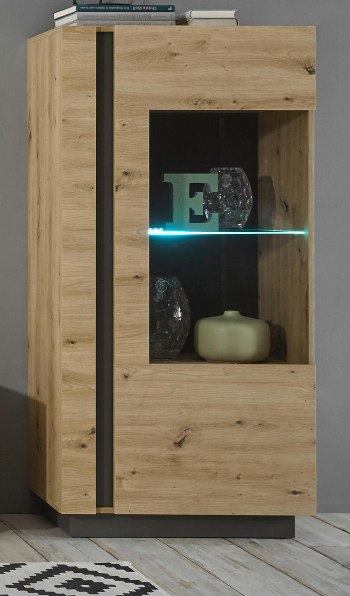 VITRINE Eiche Artisan, Graphit grau 72 cm, Vitrinenschrank mit Soft-Close - Eiche Artisan/Grau, Glas/Holzwerkstoff (72/154/40cm) - Furn.Design