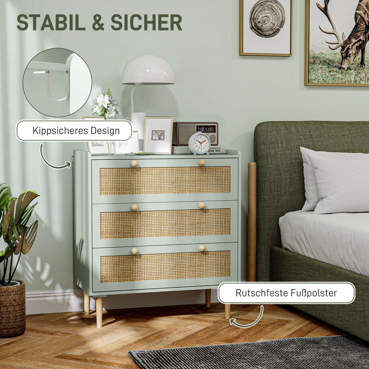 SCHLAFZIMMER-KOMMODE mit 3 Schubladen, Rattan-Fronten, MDF, Grün - Hellblau, Holzwerkstoff (40/87.5/80cm) - HOMCOM
