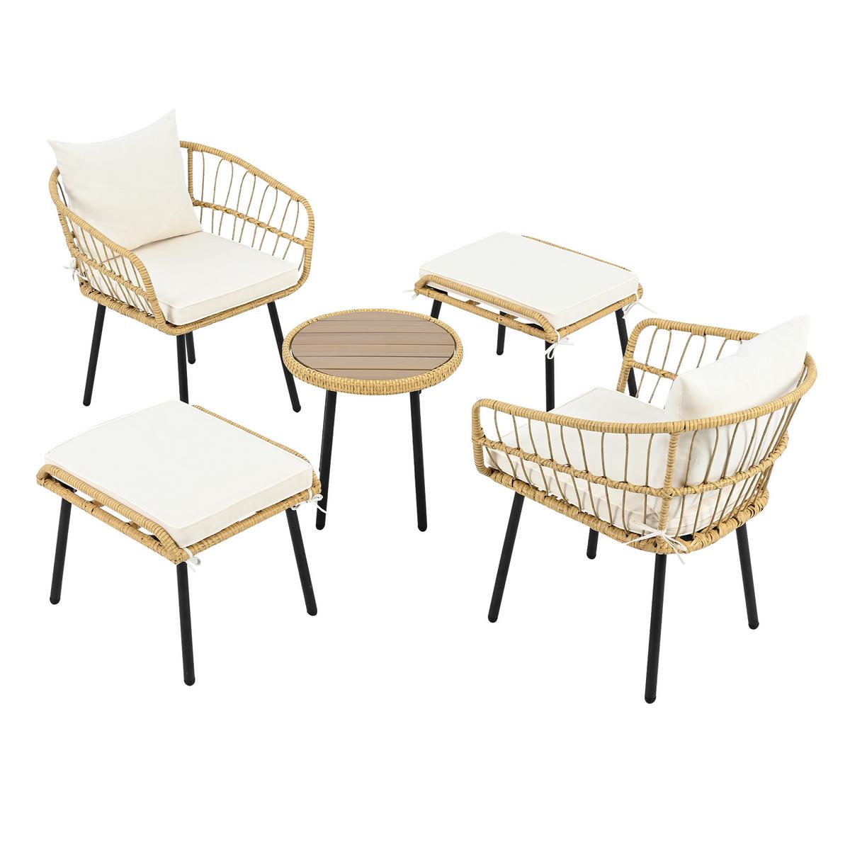 LOUNGEGARNITUR 5-tlg. Rattan Natur & Weiß Balkonmöbel mit Tisch, 2 Stühlen & 2 Hockern - Naturfarben, Textil - Urban Meuble