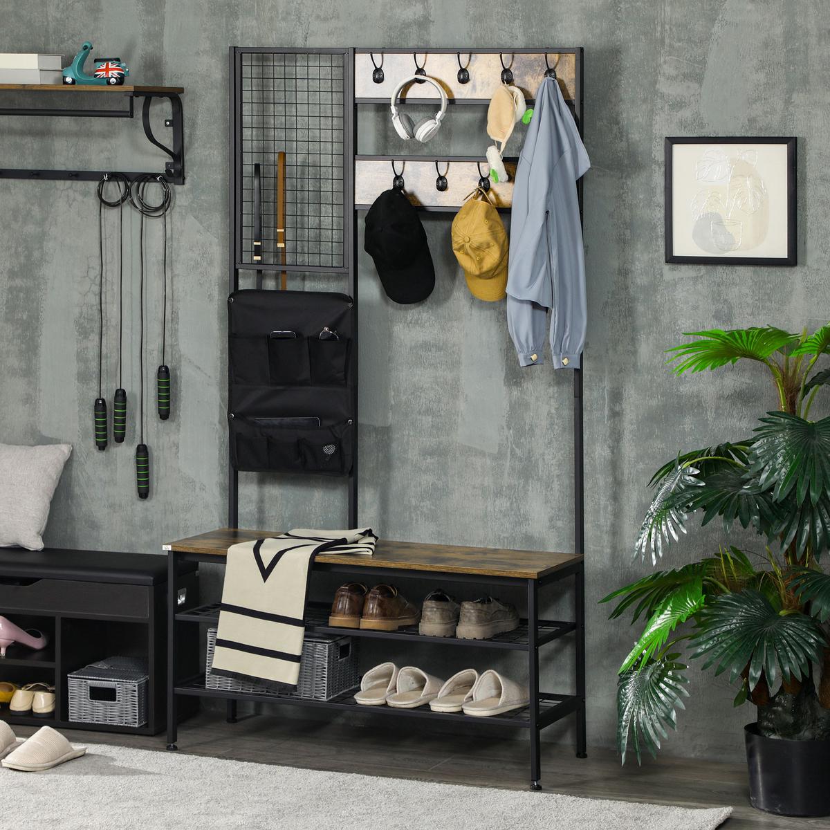 GARDEROBENSTÄNDER, Garderobe, Kleiderständer mit Haken, Schuhregal Stahl Braun - Braun, Metall (40/185/100cm) - HOMCOM