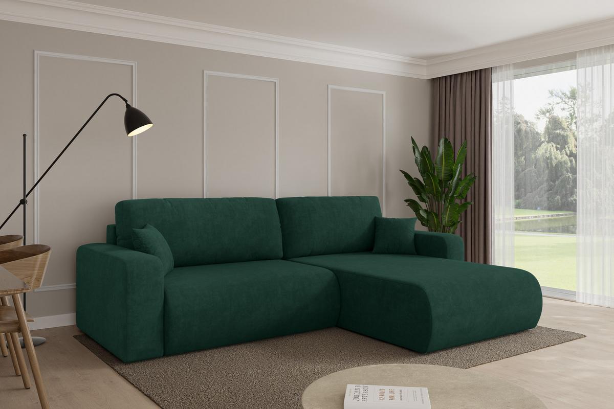 ECKSOFA mit Schlaffunktion Ottomane Rechts BERY-L 276x193x88 Grün Velours - Schwarz/Grün, Holzwerkstoff/Kunststoff (276/193cm) - ALTDECOR