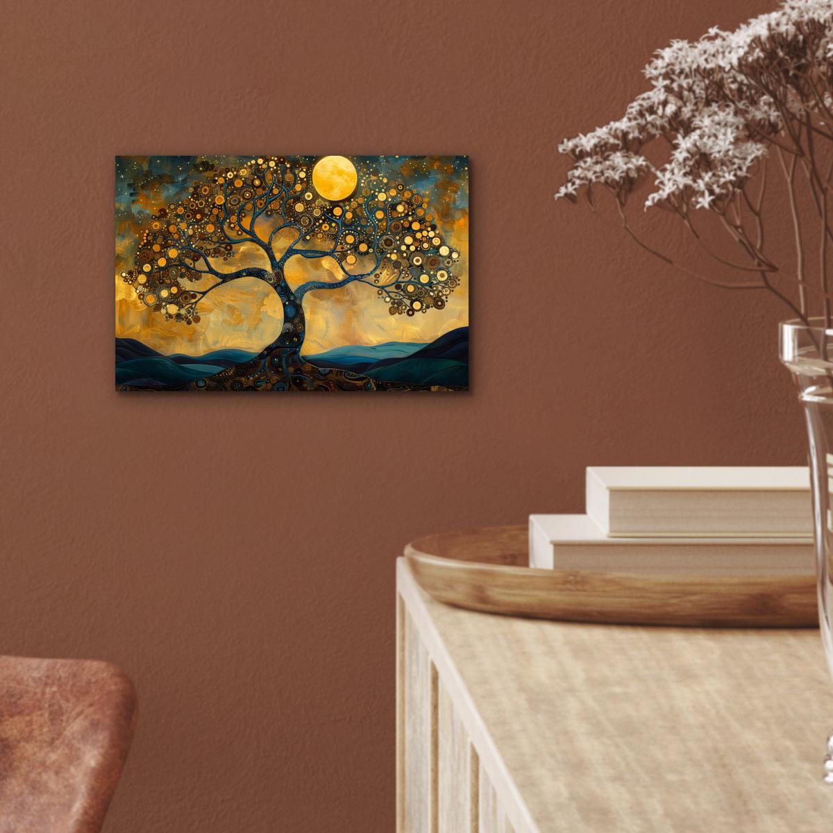 METALLBILD Baum - Mond - Blumen - Gold - Kunst 30x20 cm - Orange, Metall (30/20cm) - MuchoWow