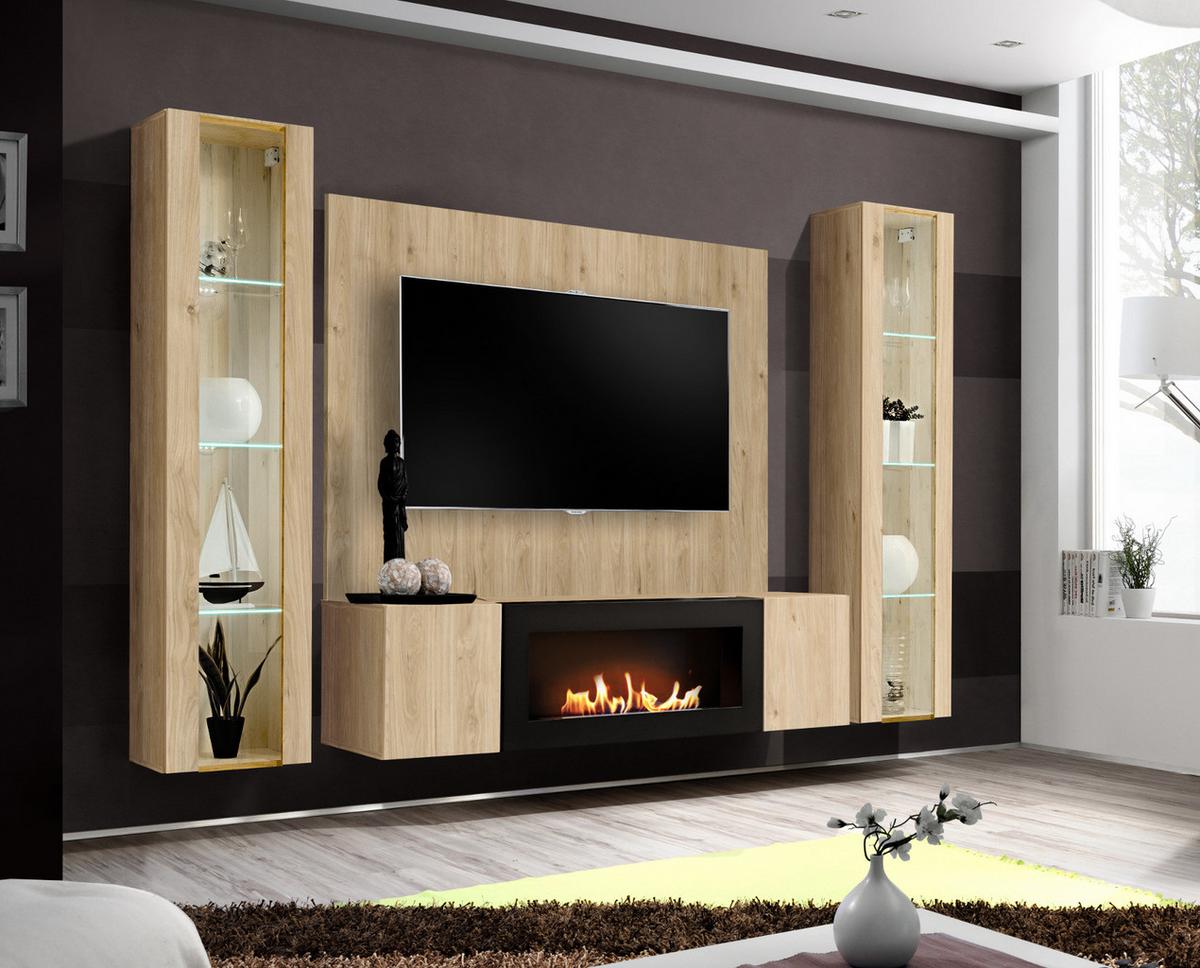 WOHNWAND Eiche Jackson 4-teilig 260 cm hängend, Schrankwand mit LED-Beleuchtung und Ethanol Kamin - Eichefarben, Glas/Holzwerkstoff (260/170/40cm) - Inn.Furn