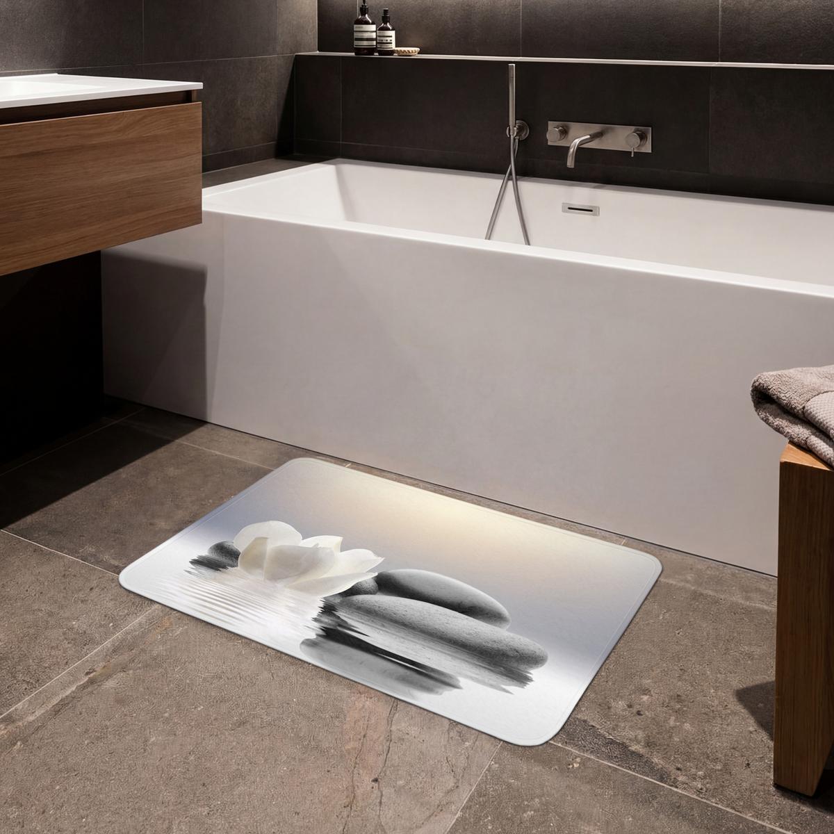 BADEMATTE Steine - Lotus - Weiß - Wasser - Zen 80x50 cm - Weiß, Textil (80/50cm) - OnlyWow