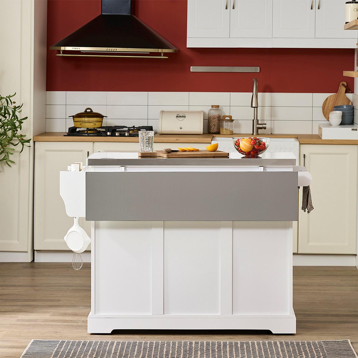 KÜCHENINSEL mit Edelstahl-Arbeitsplatte und Rollen 130×91×46(+25) cm - Weiß, Fell (107/91/71cm) - SoBuy