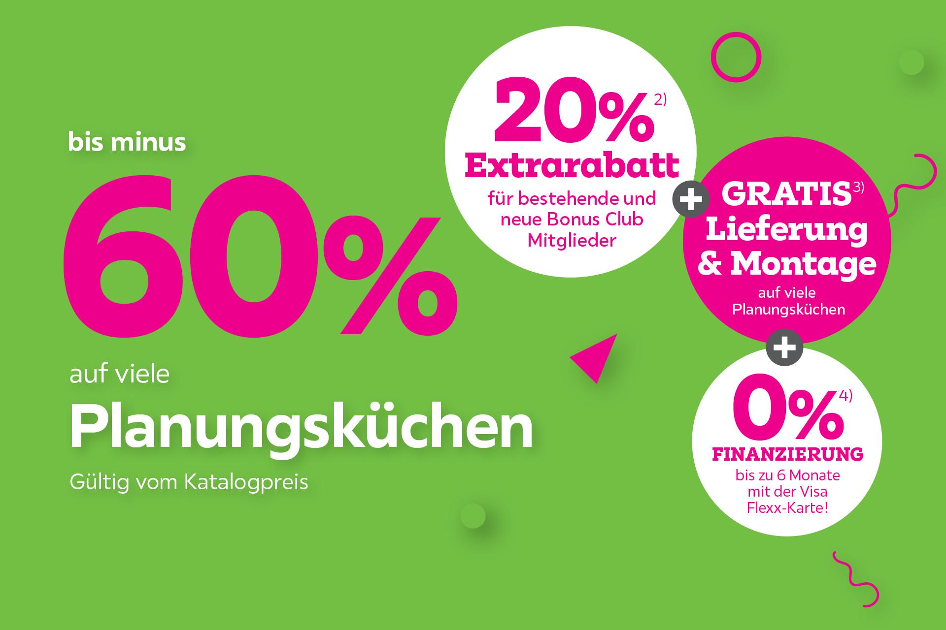 bis minus 60% auf viele Planungsküchen + 20% Extrarabatt + Gratis Lieferung & Montage