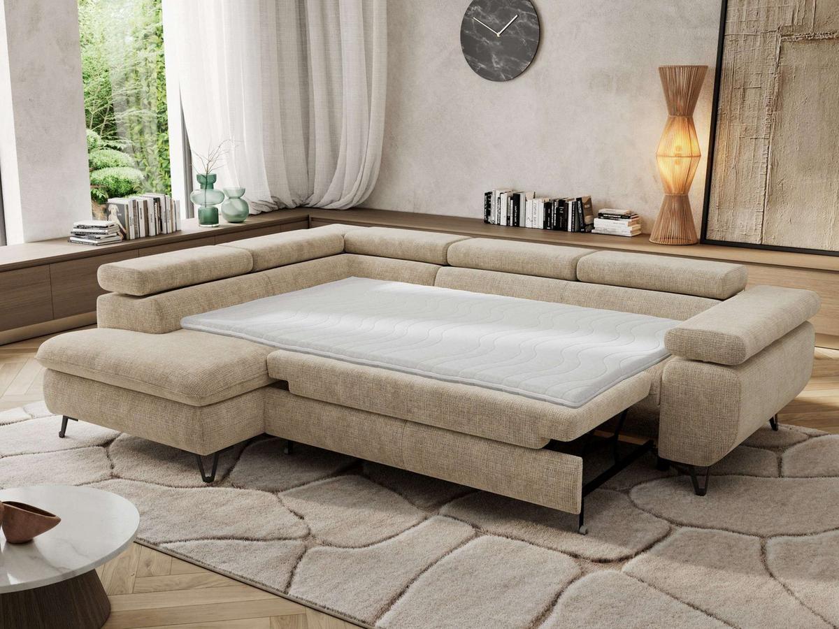 ECKSOFA PABLO L Beige Schenille grob gewebt - Links Seite mit Visco Topper - Beige/Schwarz, Textil/Metall (208/273cm) - MKS