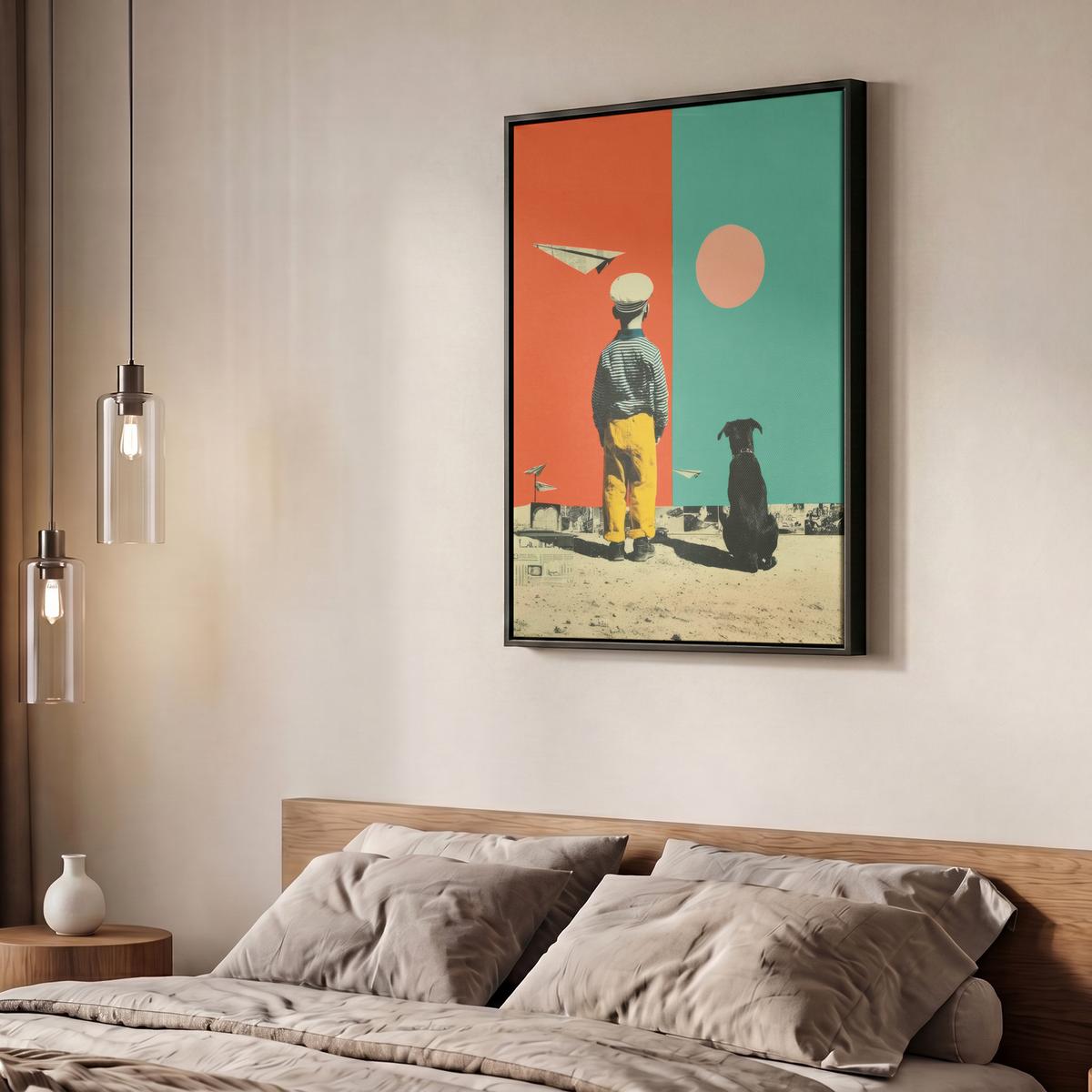 LEINWAND Bilder mit Rahmen - Retro - Junge - Hund - Rot - Grün - 60x80 - Orange, Textil (60/80cm) - MuchoWow