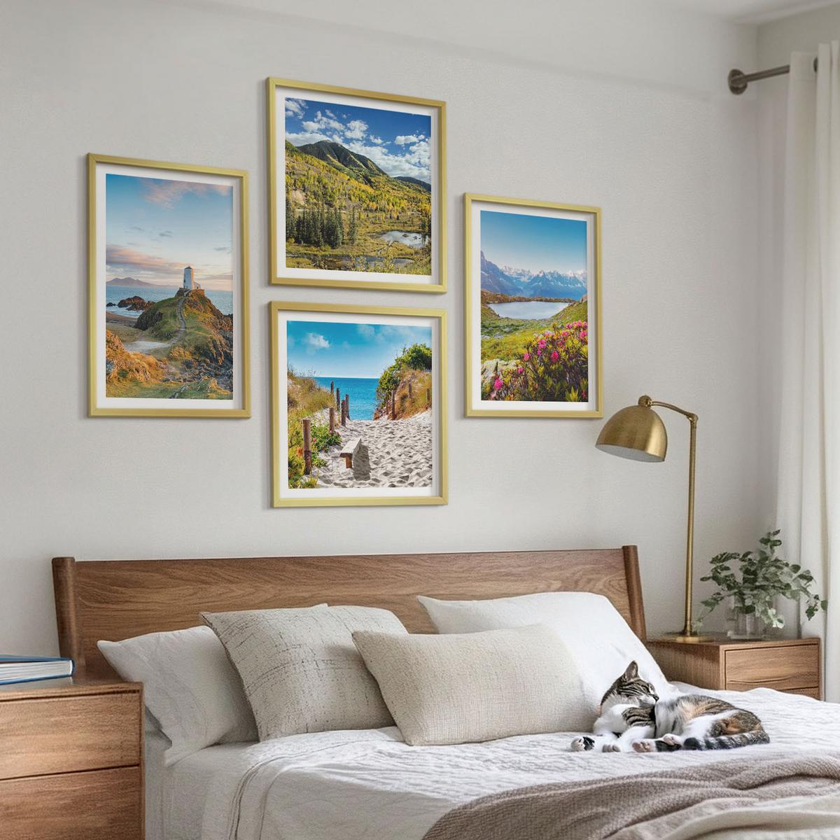 BILDER SET 4er Set - 50x50 cm & 40x60 cm Goldrahmen - Strand, Leuchtturm, Berge, Wiesen, Blumen - Goldfarben, Kunststoff (50/50cm) - TULUP