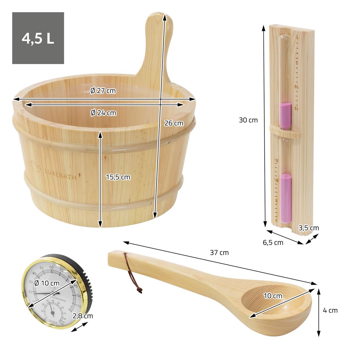 SAUNAZUBEHÖR-SET 4-teilig aus Kiefernholz - Naturfarben, Holz (27/30/37cm) - LuxeBath