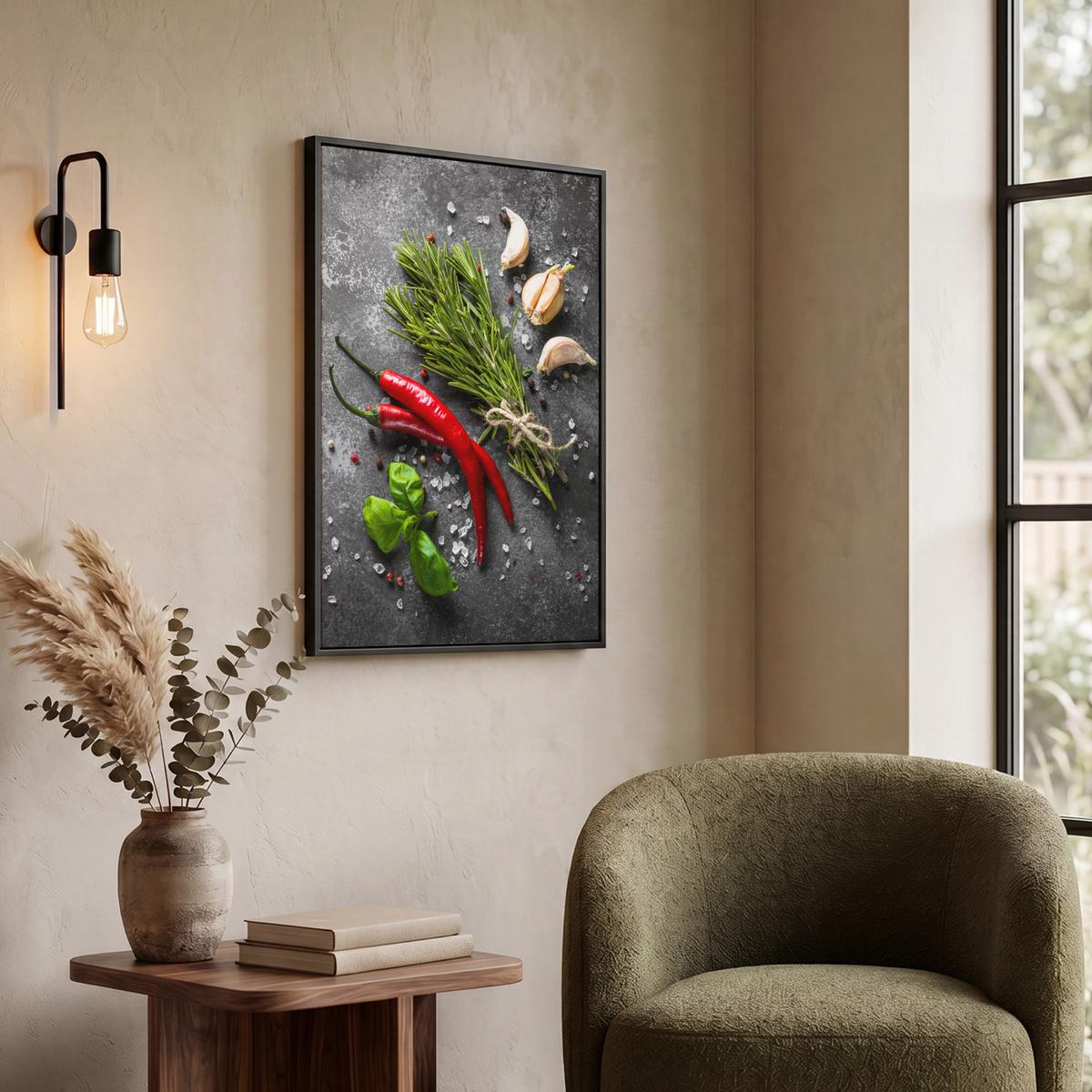 LEINWAND Bilder mit Rahmen - Pfeffer - Kräuter - Gewürze - Beton - 50x70 - Dunkelgrau, Textil (50/70cm) - MuchoWow