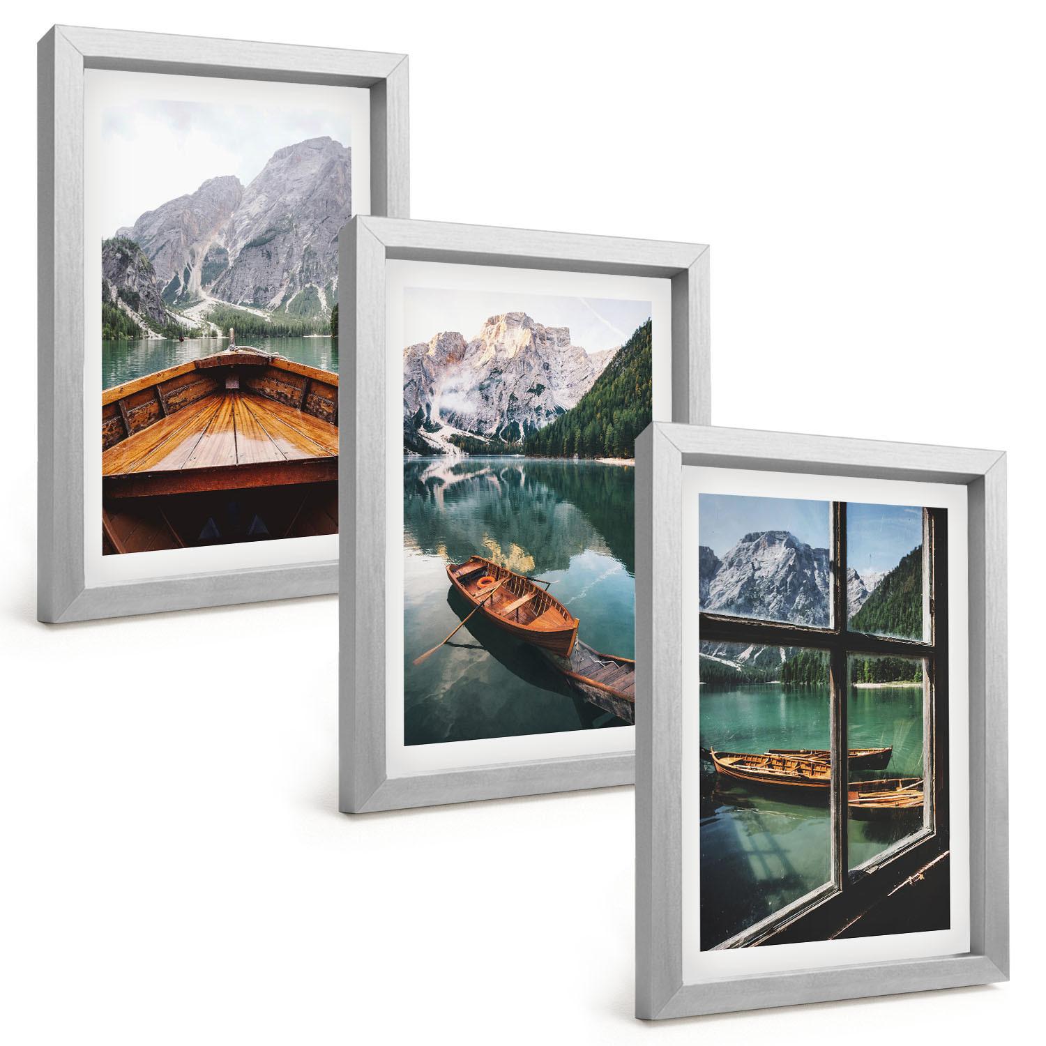 BILDER SET 3er Set - 20x30 cm Silberner Rahmen - Fenster für Boote auf dem Bergsee - Silberfarben, Kunststoff (20/30cm) - TULUP