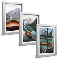 BILDER SET 3er Set - 20x30 cm Silberner Rahmen - Fenster für Boote auf dem Bergsee - Silberfarben, Kunststoff (20/30cm) - TULUP
