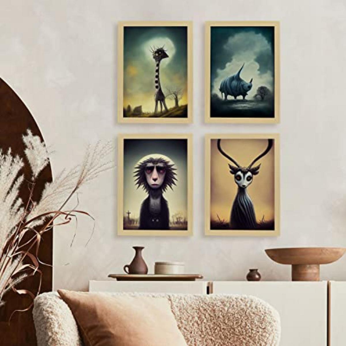 POSTER Set mit 4 Savanne Tier im T Burton Goth Stil A4 Rahmenlos - Klar, Papier (29.7/3cm) - Nacnic