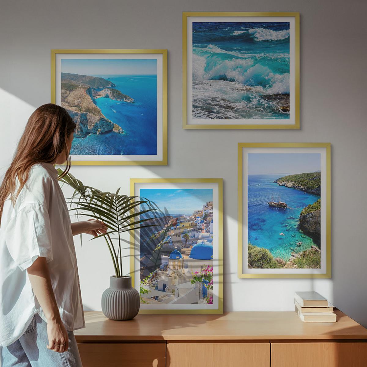 BILDER SET 4er Set - 50x50 cm & 40x60 cm Goldrahmen - Griechische Ansichten von Santorin Oia - Goldfarben, Kunststoff (50/50cm) - TULUP