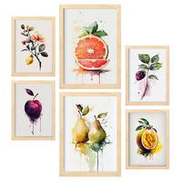 POSTER Set Mit 6 Saftige Früchte Plakate Von Obst Gemüse & Gesunden Lebensmitteln Im Aquarell Kunst Auf Reinweißen A3 & A4 Rahmen Aus Hellem Holz - Beige, Papier (29/3cm) - Nacnic