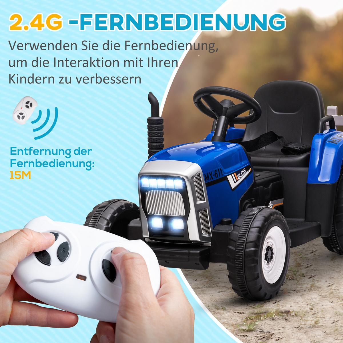 ELEKTRISCHER Traktor Kinder Aufsitztraktor mit MP3 Funktion, 3-6KM/H, Blau - Blau, Metall (136.5/50/52.5cm) - HOMCOM