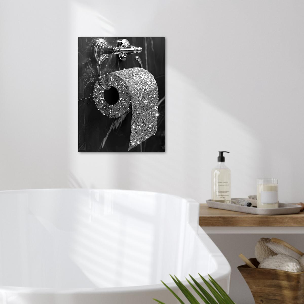 LEINWANDBILD WC - Toilettenpapier - Schwarz und weiß - Glitter Room Decor 30x40 cm - Silberfarben, Textil (30/40cm) - MuchoWow