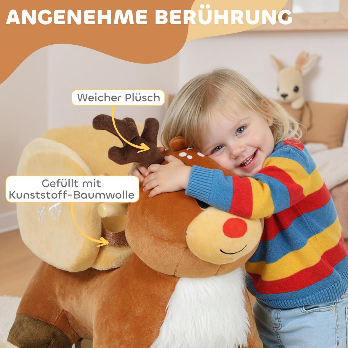 KINDER-SCHAUKELPFERD Rentier mit Schlafliedern Plüsch Braun - Braun, Textil (32/55/65cm) - AIYAPLAY