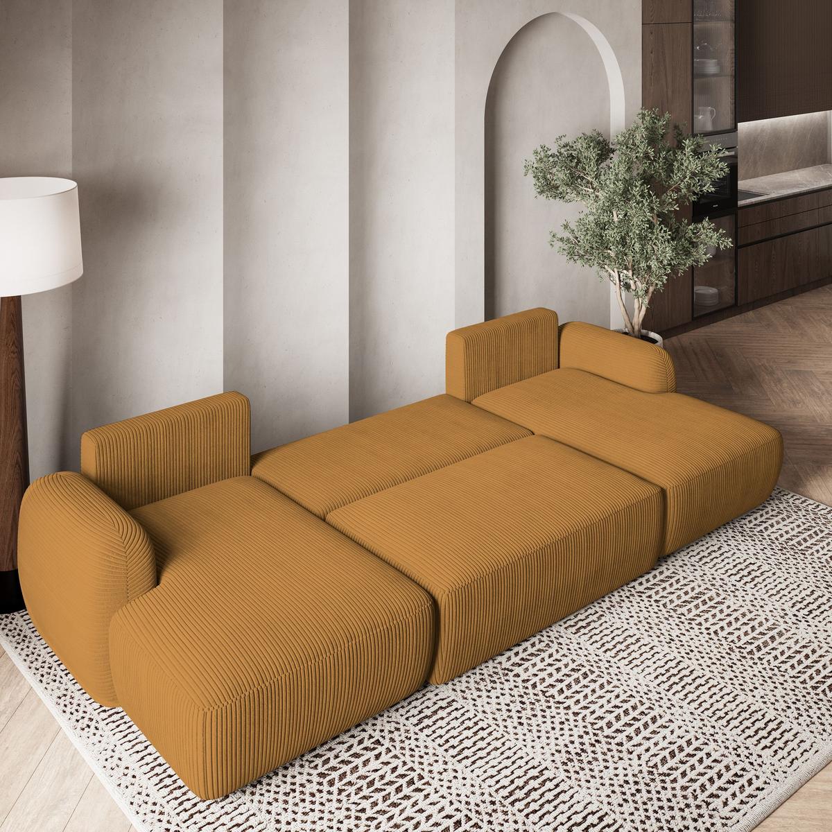 WOHNLANDSCHAFT SAVONA P Gelb Kordstoff mit Schlaffunktion - Gelb/Schwarz, Holz/Kunststoff (320/90/148cm) - MASSENO