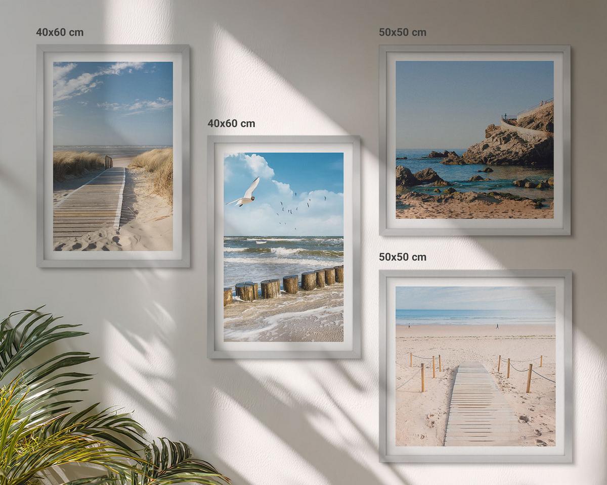 BILDER SET 4er Set - 50x50 cm & 40x60 cm Silberner Rahmen - Strand, Sand, Wellen, Himmel, Vögel - Silberfarben, Kunststoff (50/50cm) - TULUP