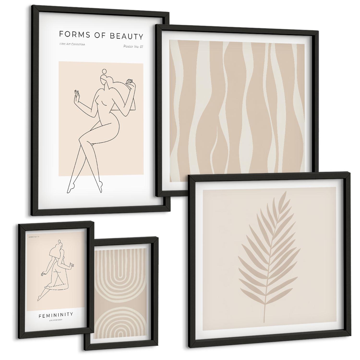 BILDER SET 5er Set - 50x50 cm & 20x30 cm & 40x60 cm Schwarzer Rahmen - Abstrakte Boho-Dekorationen - Schwarz, Kunststoff (40/60cm) - TULUP