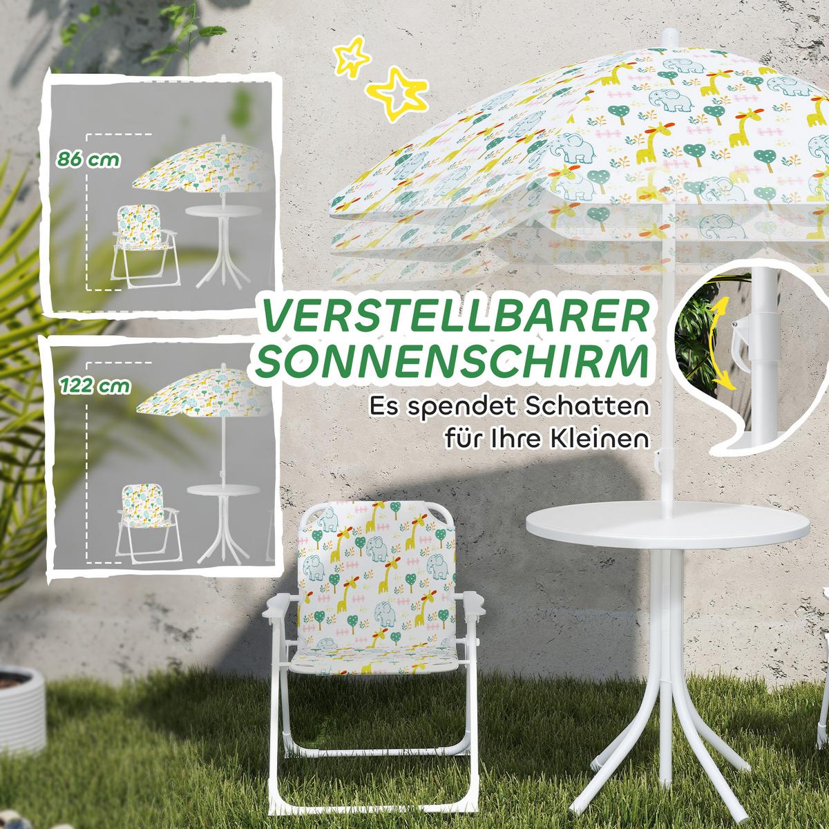 4 tlg. Kindersitzgruppe Garten mit Gartentisch 2 Klappstühle Sonnenschirm - Weiß, Metall - AIYAPLAY
