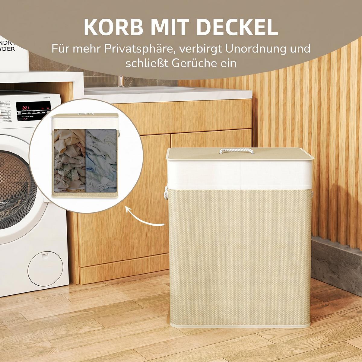 WÄSCHEKORB Bambus Cremeweiß - Hellbraun/Creme, Holz/Bambusholz (32/63/52cm) - HOMCOM