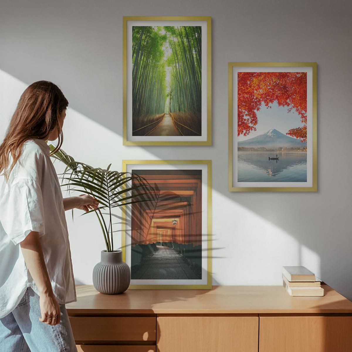 BILDER SET 3er Set - 40x60 cm Goldrahmen - Fuji-Bambuswaldlandschaft - Goldfarben, Kunststoff (40/60cm) - TULUP