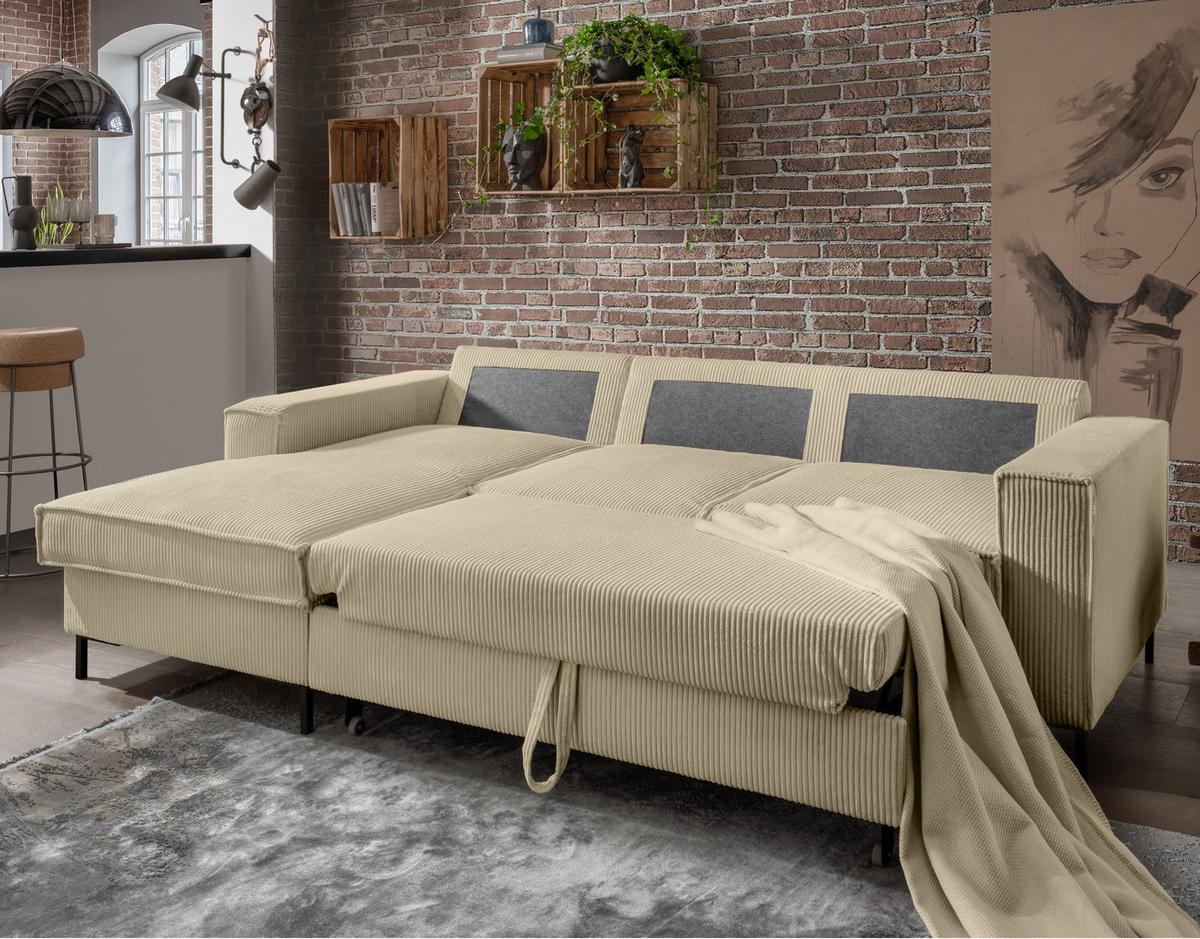 ECKSOFA mit Schlaffunktion, Bettkasten, Wellenunterfederung, Récamiere links B240/T150/H92 cm, Liegefl. 125x198 cm, Cord Beige Grau / 17223 - Greige/Schwarz, Textil/Metall (240/150cm) - luma-home