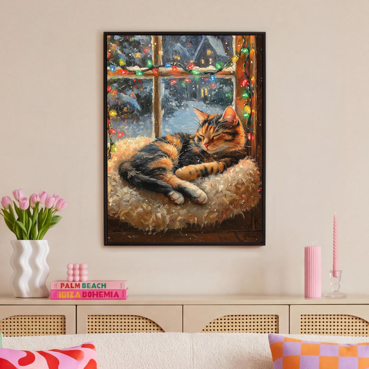 LEINWAND Bilder mit Rahmen - Katze - Weihnachten - Winter - Tier - 70x100 - Bernsteinfarben, Textil (70/100cm) - MuchoWow