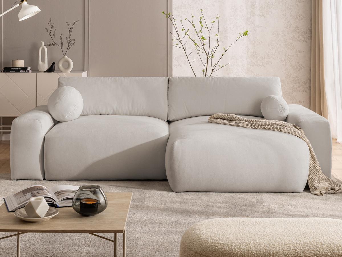 ECKSOFA Puffy mit Schlaffunktion und Bettkasten - besonders weich und puffig aus Beige Webstoff - Ottomane rechts - Beige/Schwarz, Holz/Kunststoff (266/138cm) - S-Style Möbel