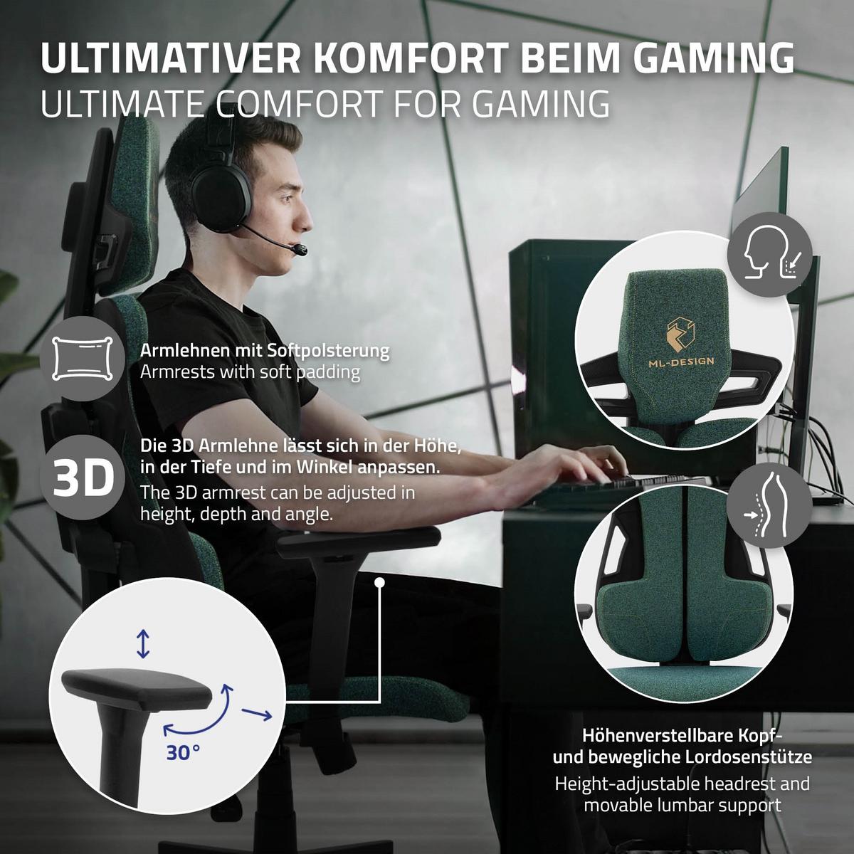 GAMINGSTUHL mit Stoffbezug in Grün Individuell Einstellbar - Schwarz/Grün, Kunststoff/Textil (69/142/68cm) - ML-DESIGN