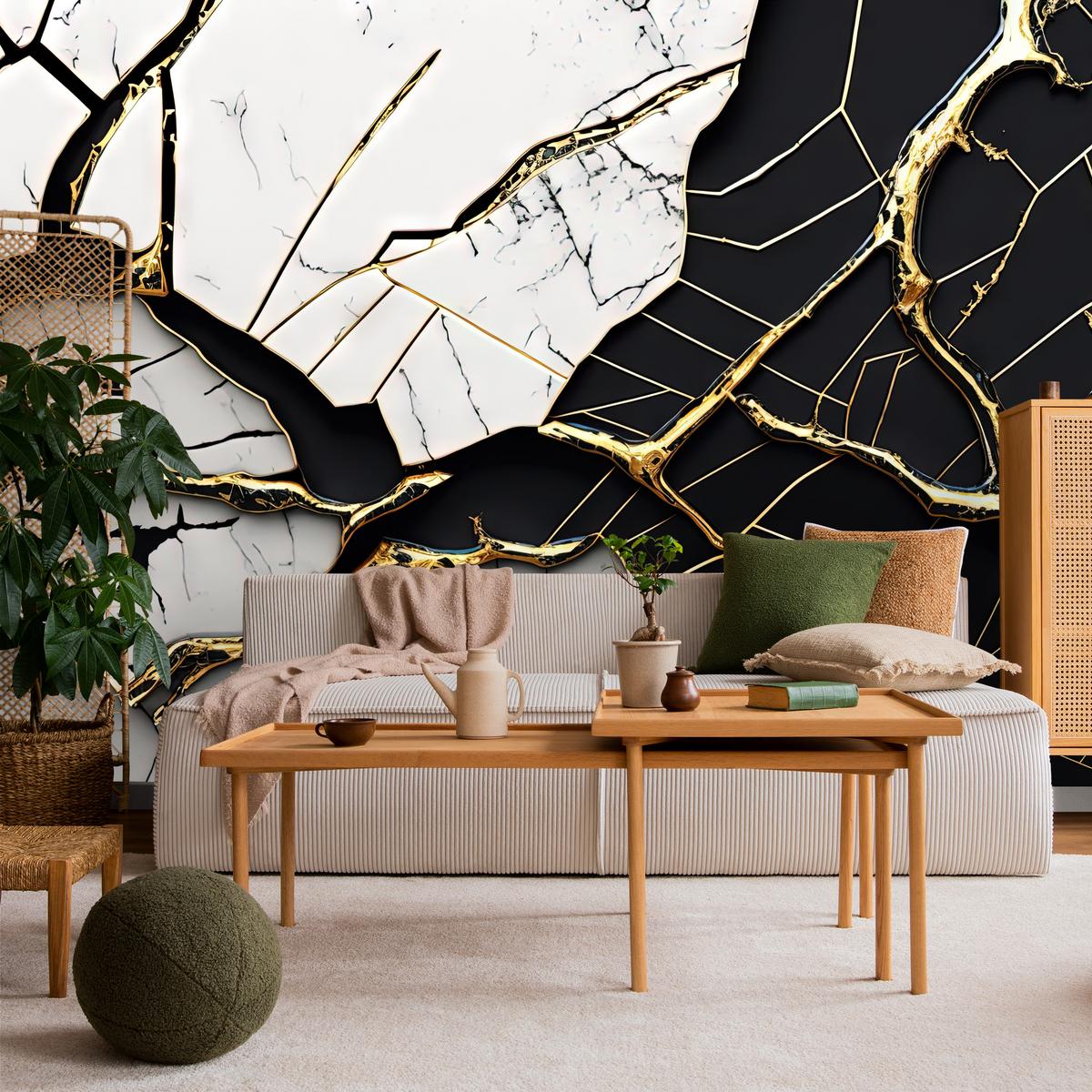 FOTOTAPETER für Badezimmer Abstrakter Marmor Goldene Verzierung 350x256 - Schwarz/Weiß, Papier (350/256cm) - Muralo