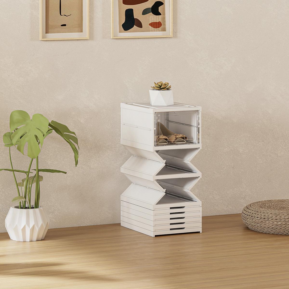 SCHUHBOXEN Stapelbare, Faltbar 8 Stück Schuh-Organizer mit Transparenten Türen - Weiß, Kunststoff (26/140/35cm) - HOMCOM