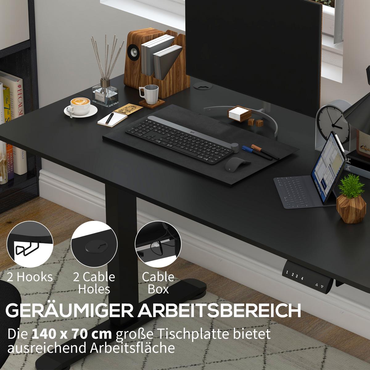 HÖHENVERSTELLBARER Schreibtisch 140 x 70cm Elektrisch Computertisch mit Haken - Schwarz, Kunststoff (140/70/116cm) - Vinsetto