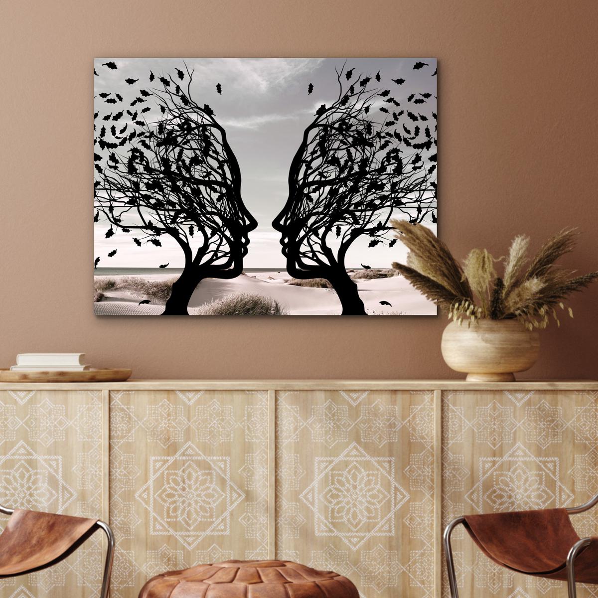 METALLBILD Strand - Meer - Menschen - Baum - Moderne Kunst 80x60 cm - Hellgrau, Metall (80/60cm) - MuchoWow