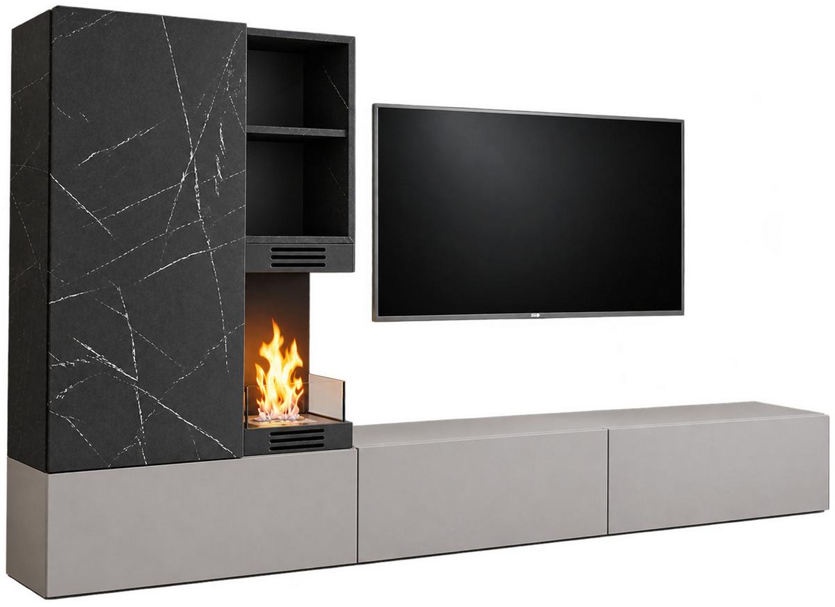 WOHNWAND Marmor schwarz, Lehm-Grau 270 cm, Schrankwand mit Ethanol Kamin, Push-to-Open - Schwarz/Grau, Holzwerkstoff (270/158/38cm) - Inn.Furn