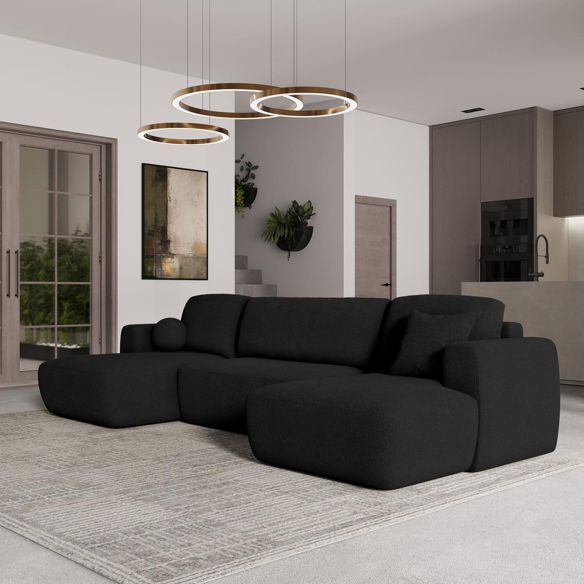 WOHNLANDSCHAFT SENTUM N Schwarz Boucle-Stoff mit Schlaffunktion - Schwarz, Holz/Kunststoff (330/90/148cm) - MASSENO