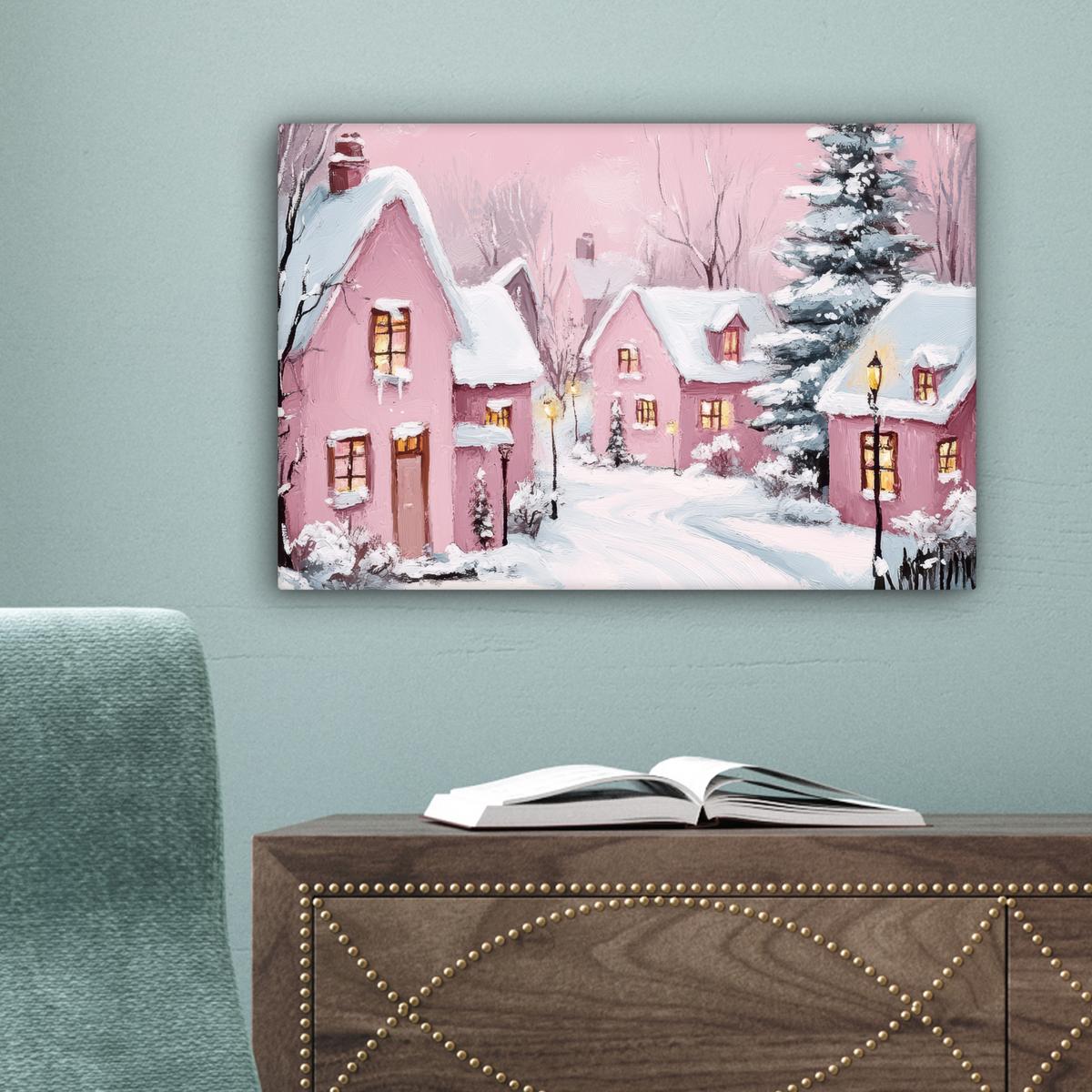 LEINWANDBILD Weihnachtsdorf - Rosa - Winter - Schnee - Häuser Deko Schlafzimmer 30x20 cm - Altrosa, Textil (30/20cm) - MuchoWow