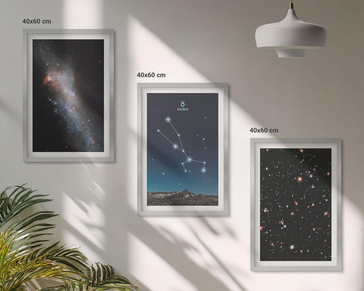 BILDER SET 3er Set - 40x60 cm Silberner Rahmen - Kosmische Landschaften des Sterns Stier - Silberfarben, Kunststoff (40/60cm) - TULUP