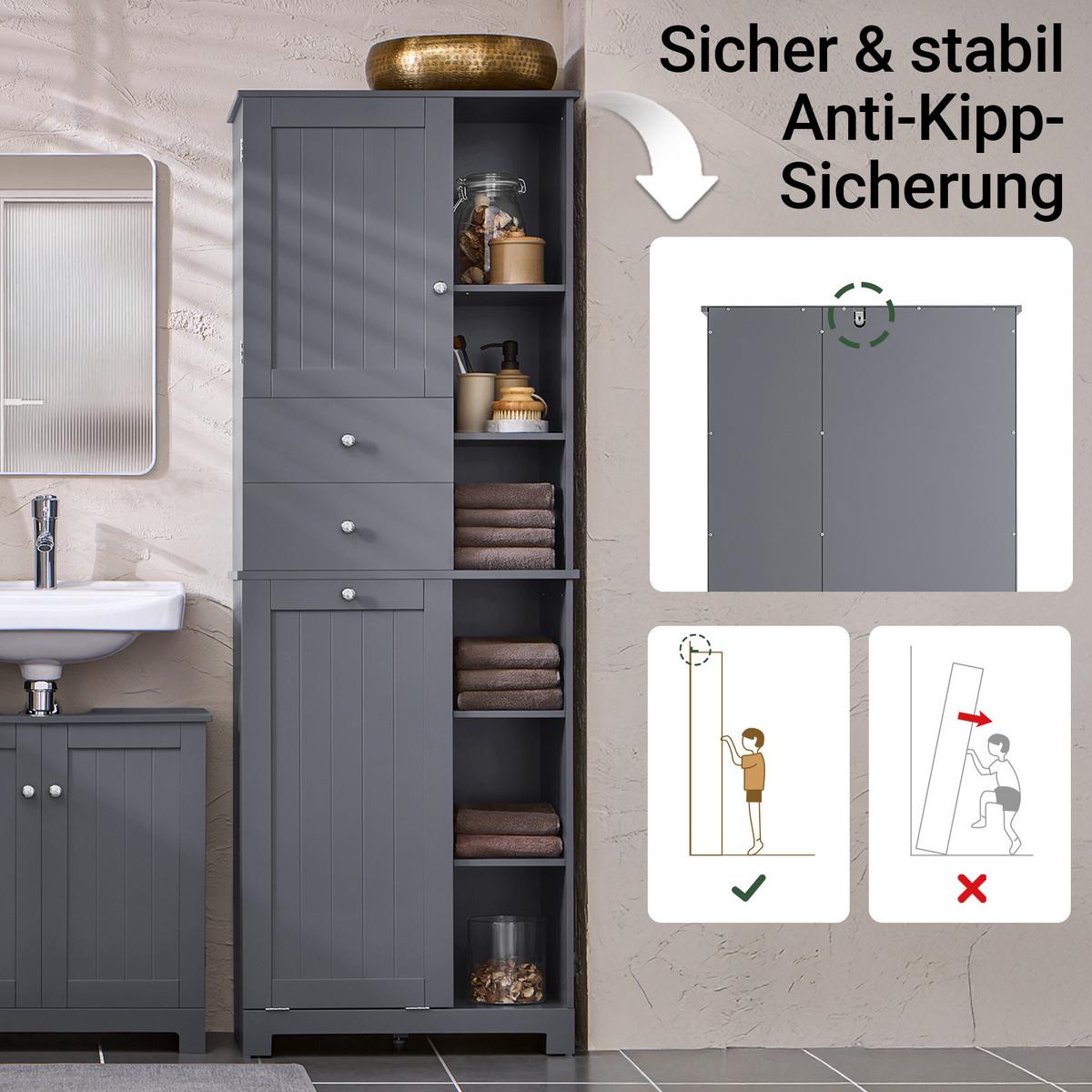 HOCHSCHRANK mit Wäschesack, Grau, Badschrank 60 cm breit, Bad & Waschküche - Grau, Holzwerkstoff (60/170/37cm) - SoBuy