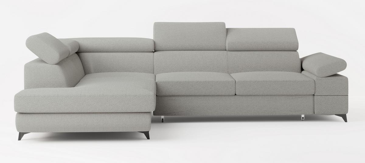 ECKSOFA FAVIEN L-S Hellgrau Boucle-Stoff mit Schlaffunktion - Hellgrau, Holz (257/190cm) - MASSENO