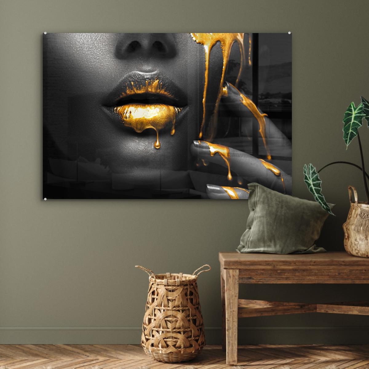 ACRYLGLASBILD Frau - Schwarz - Gold - Gesicht - Lippen Room Decor 90x60 cm - Goldfarben, Glas (90/60cm) - MuchoWow