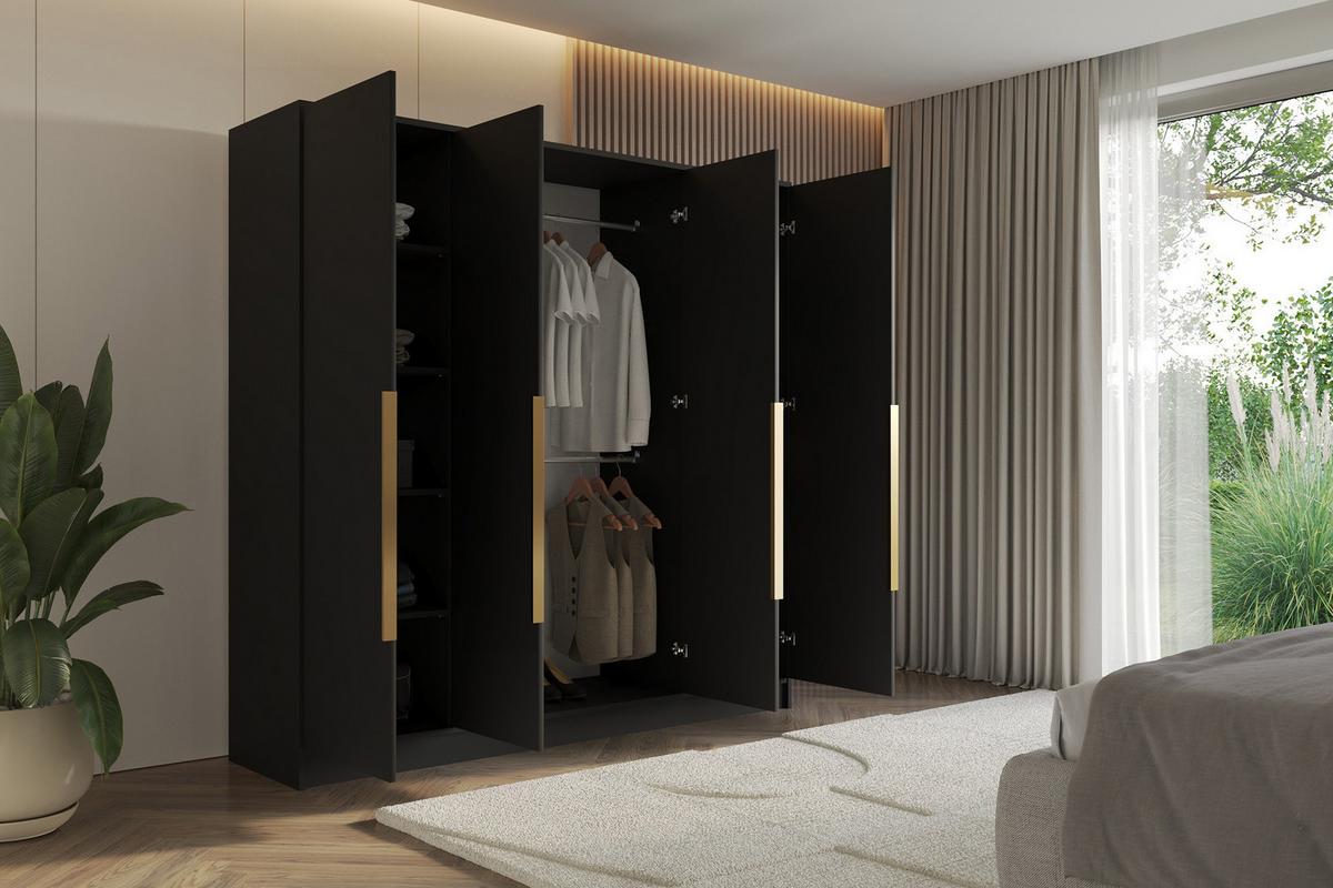 KLEIDERSCHRANK - PORTO - 200 - Schwarz - Goldfarben/Schwarz, Holzwerkstoff (200/200/51cm) - ALTDECOR