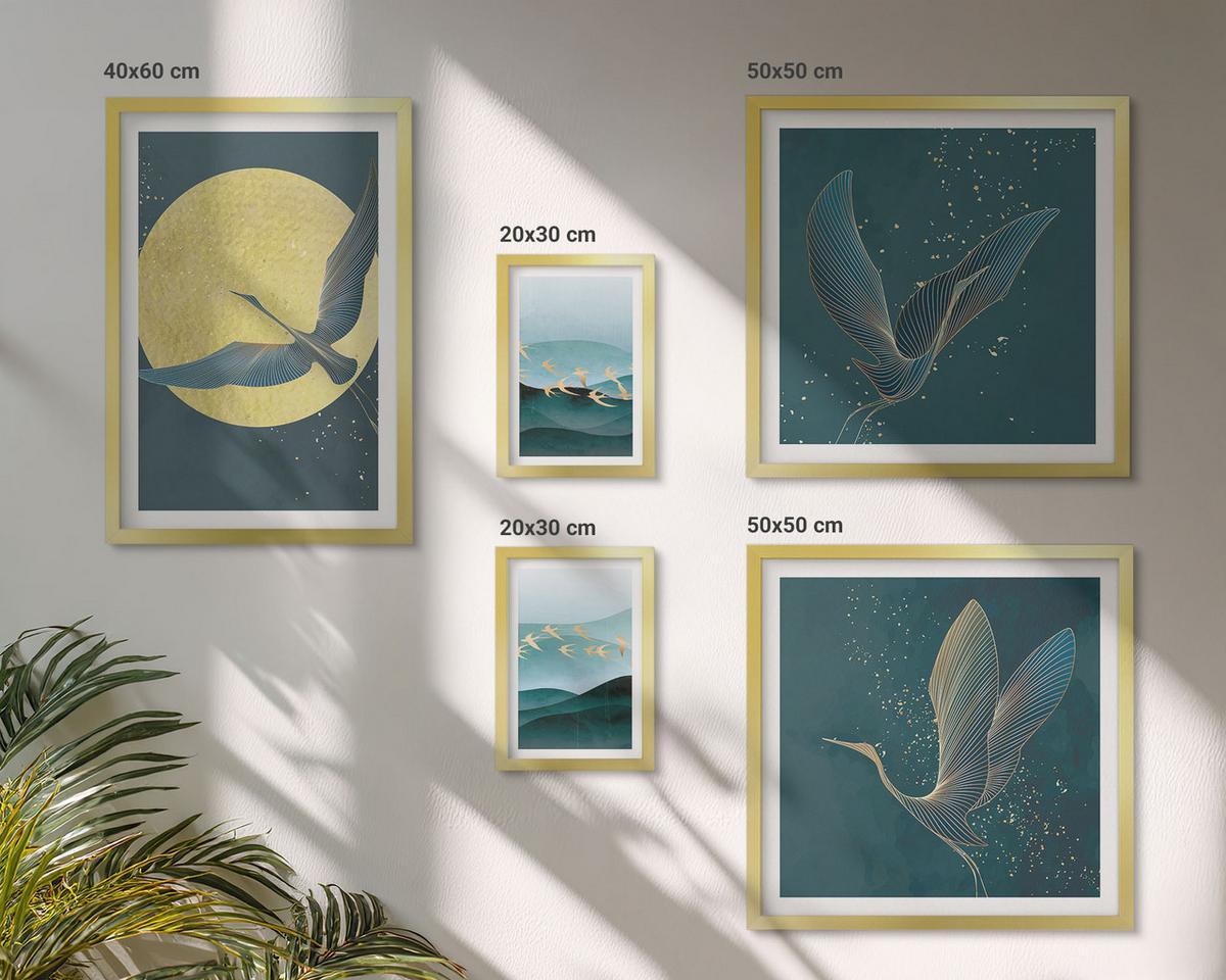 BILDER SET 5er Set - 50x50 cm & 20x30 cm & 40x60 cm Goldrahmen - Abstrakte Landschaften von Vogelwellen - Goldfarben, Kunststoff (40/60cm) - TULUP