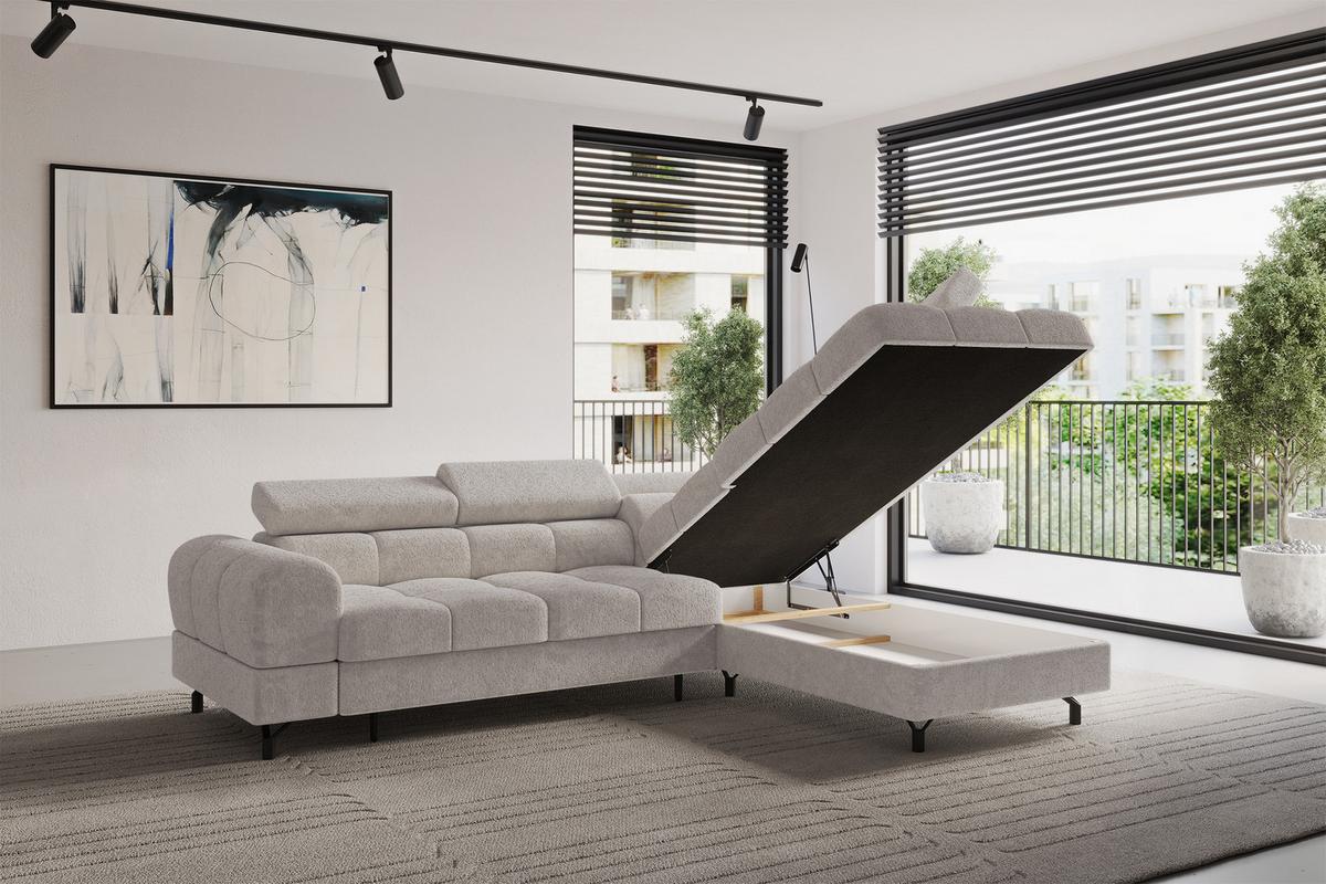 ECKSOFA mit Schlaffunktion Ottomane Rechts LUMA-L 272x203x70 Hellgrau Velours - Hellgrau/Schwarz, Holzwerkstoff/Kunststoff (203/272cm) - ALTDECOR
