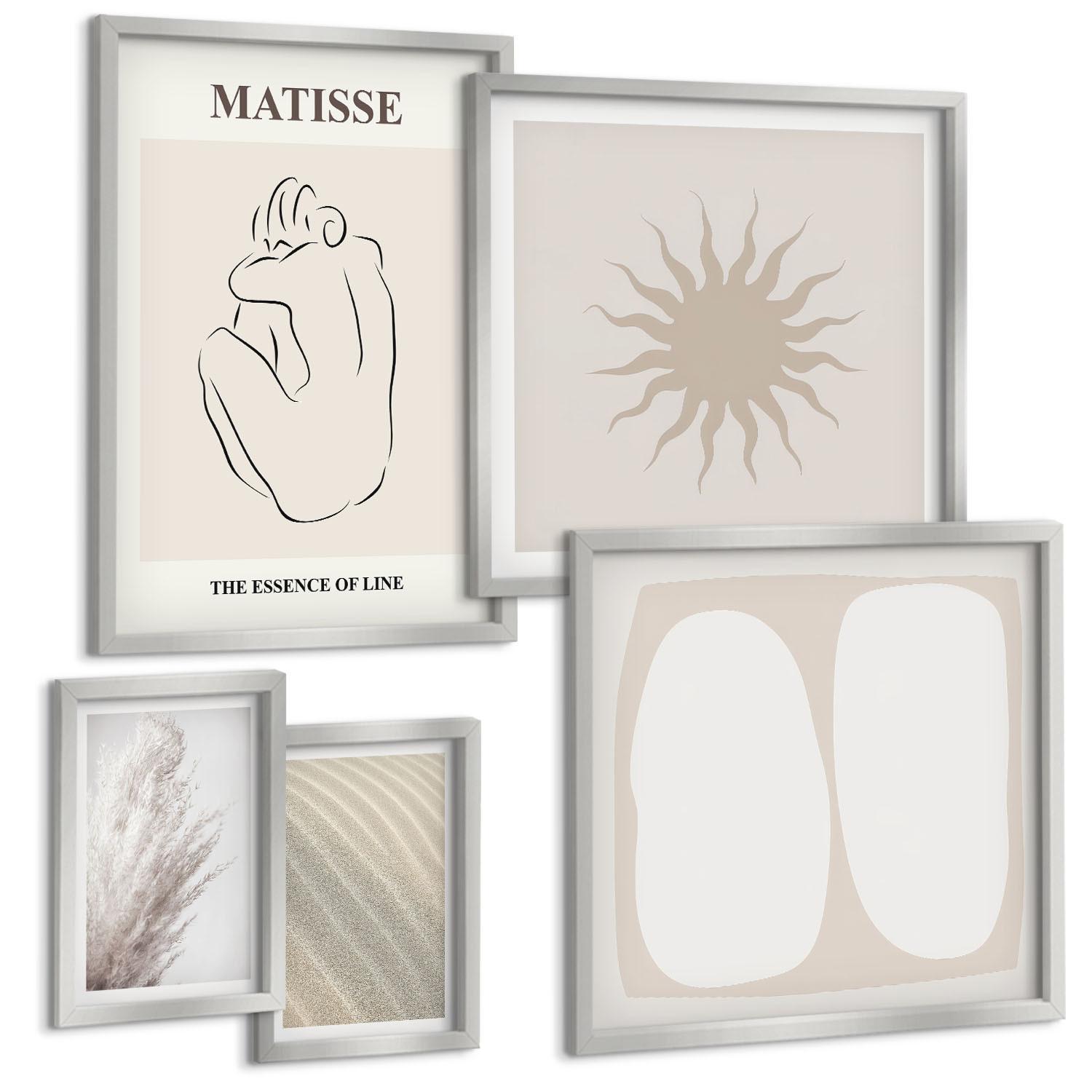 BILDER SET 5er Set - 50x50 cm & 20x30 cm & 40x60 cm Silberner Rahmen - Minimalistische Sandwellen - Silberfarben, Kunststoff (40/60cm) - TULUP